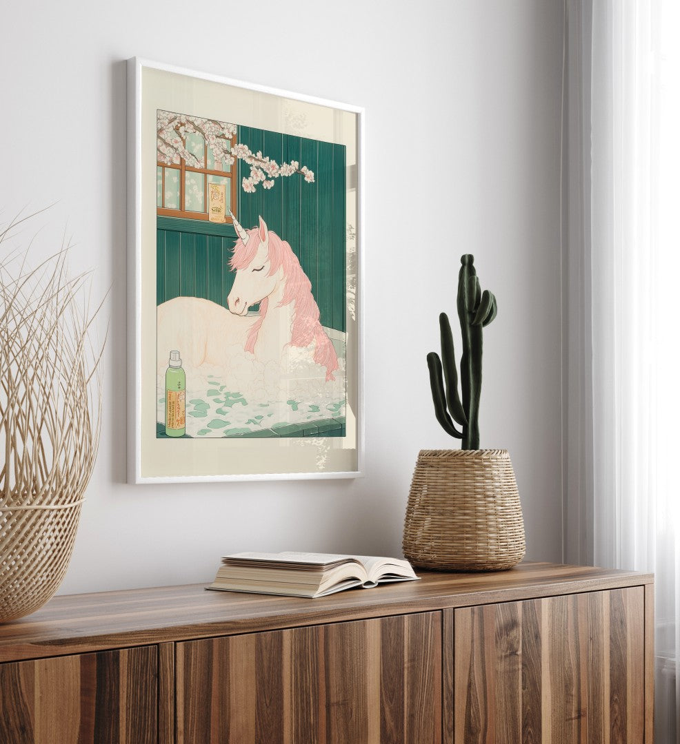 High-quality framed unicorn bathroom wall art with a magical calm tone