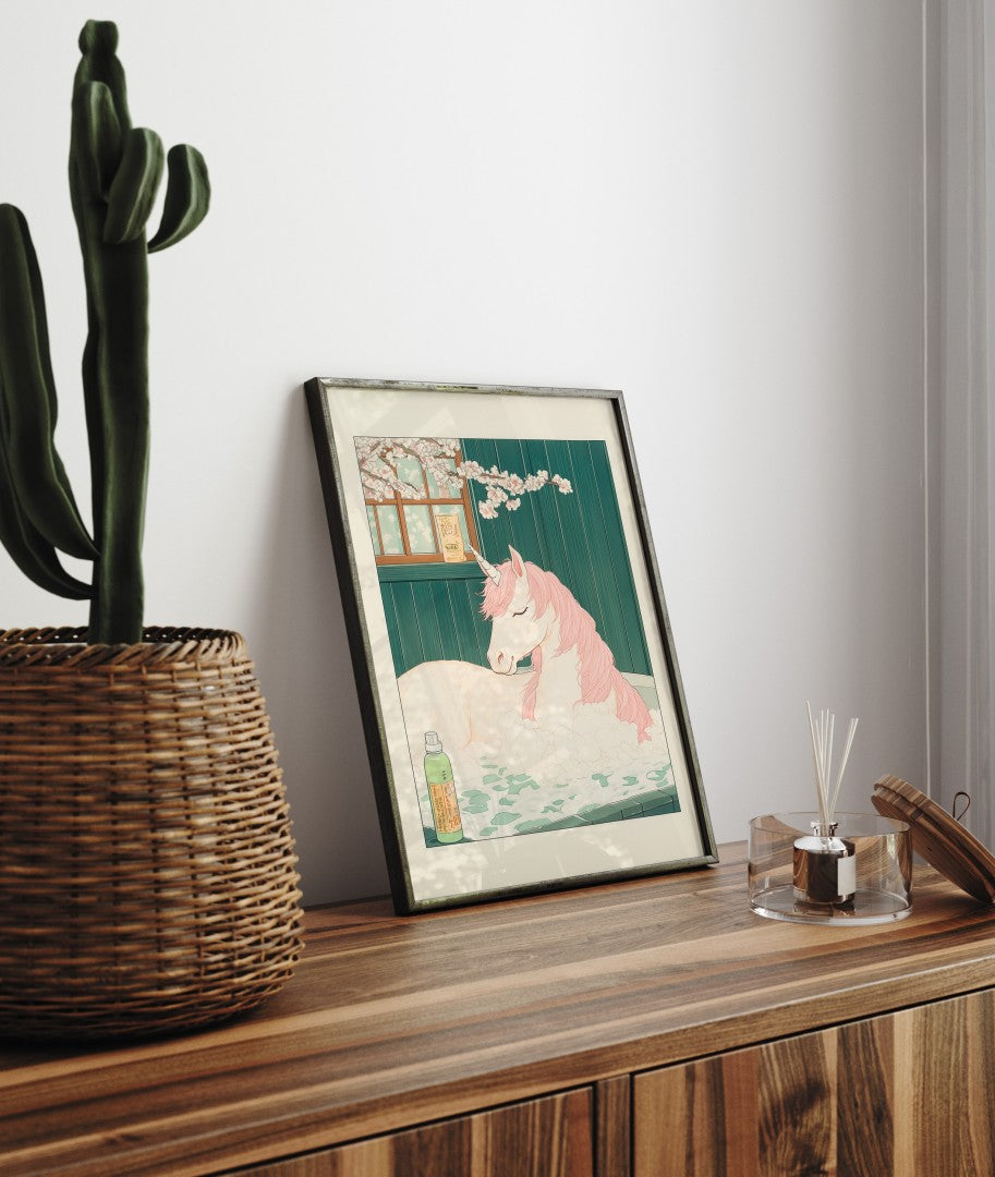 Framed bathroom decor featuring a relaxed unicorn in a Japanese-style flower bath