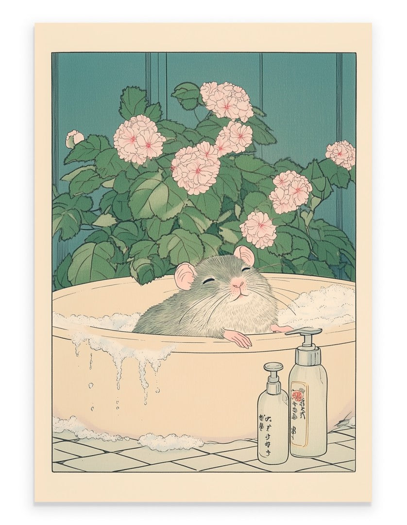 Art print of a smiling rat soaking in a cream-colored bath with pink flowers