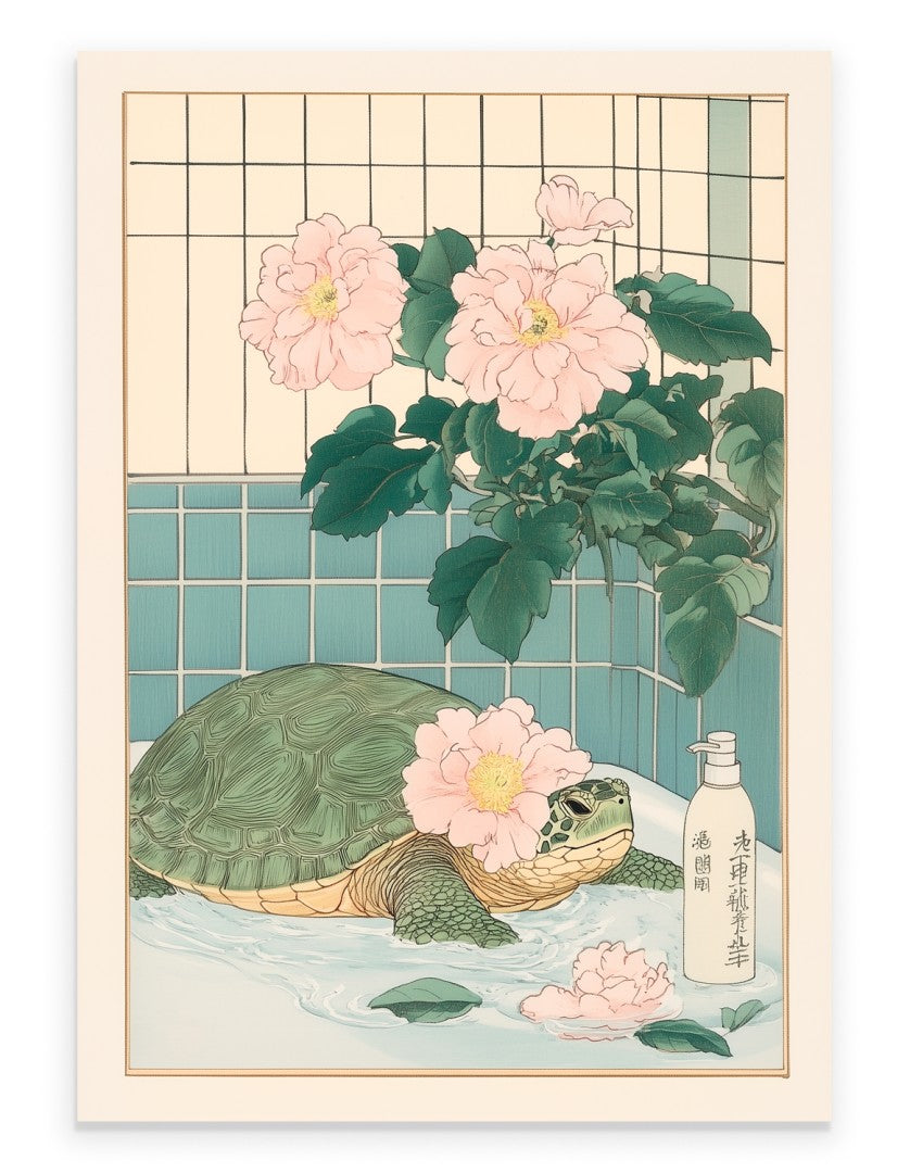 Japanese-style print of a turtle in a tiled bath with blossoms
