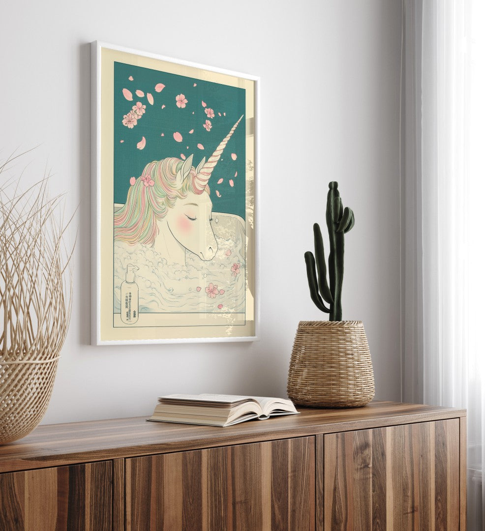 Framed art print with unicorn and peonies in a tub