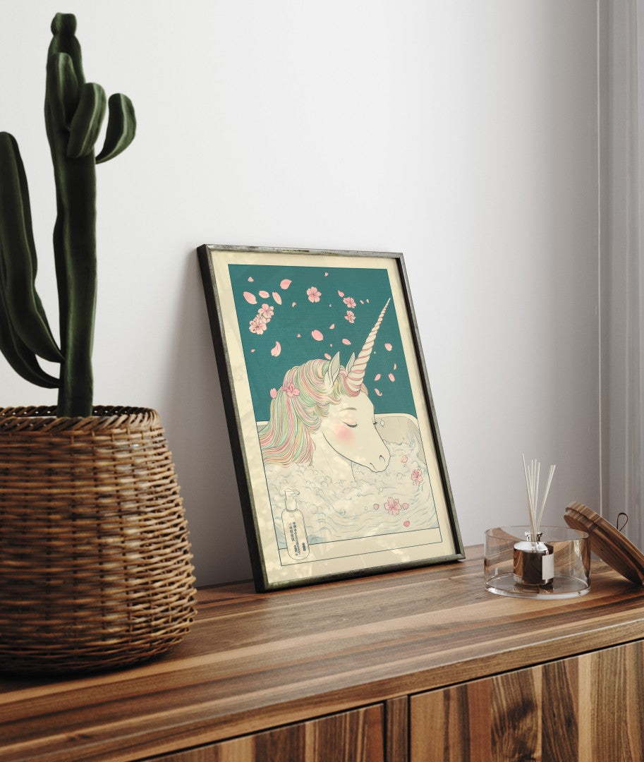 Framed art print of fantasy unicorn bathing