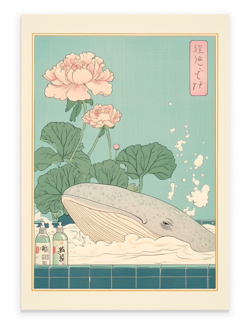 An art print showing a whale resting in a tiled bath with peonies