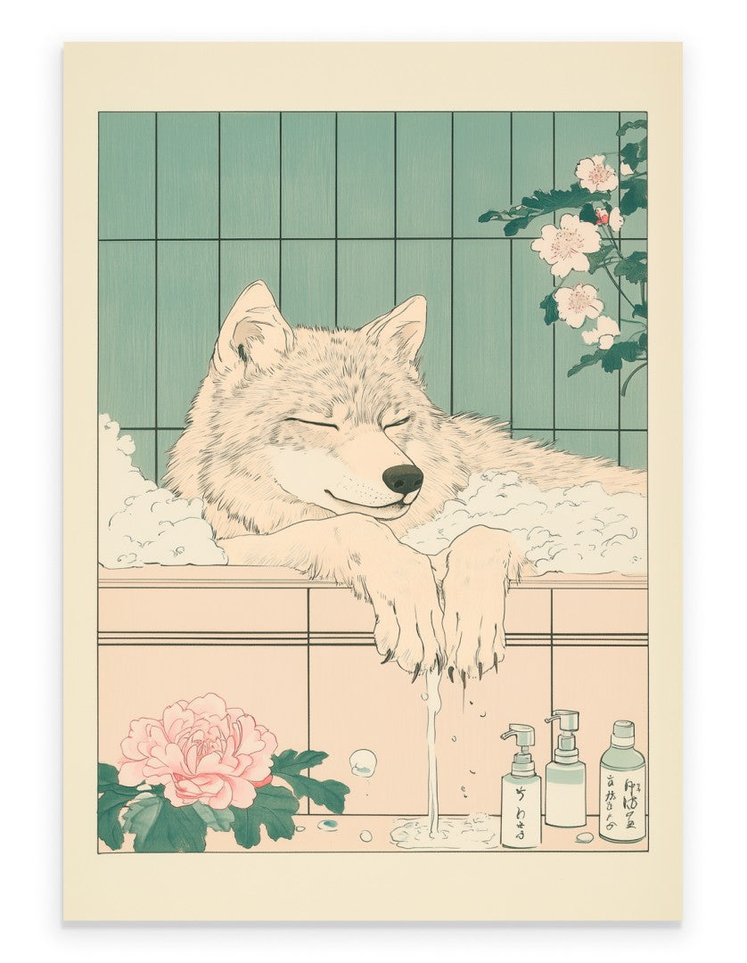 An art print showing a Wolf enjoying a bubble bath in soft pastel tones