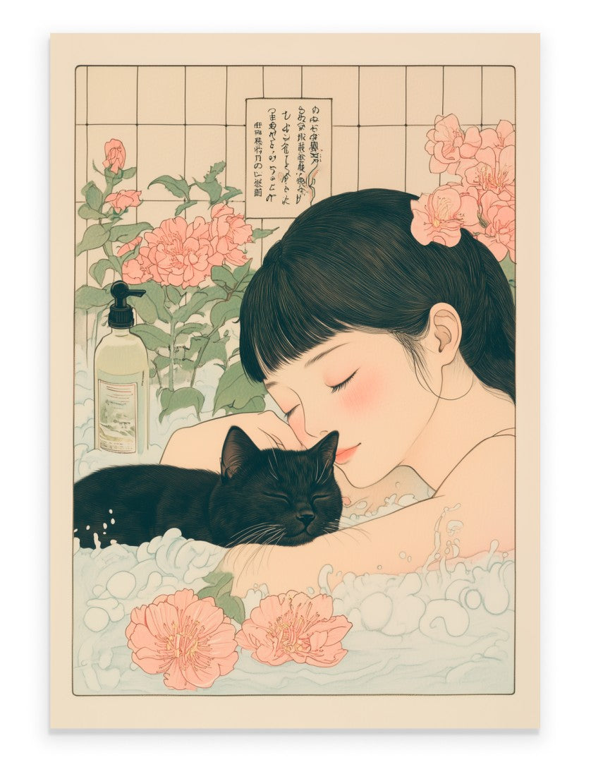 Art print of girl bathing with black cat and floral background