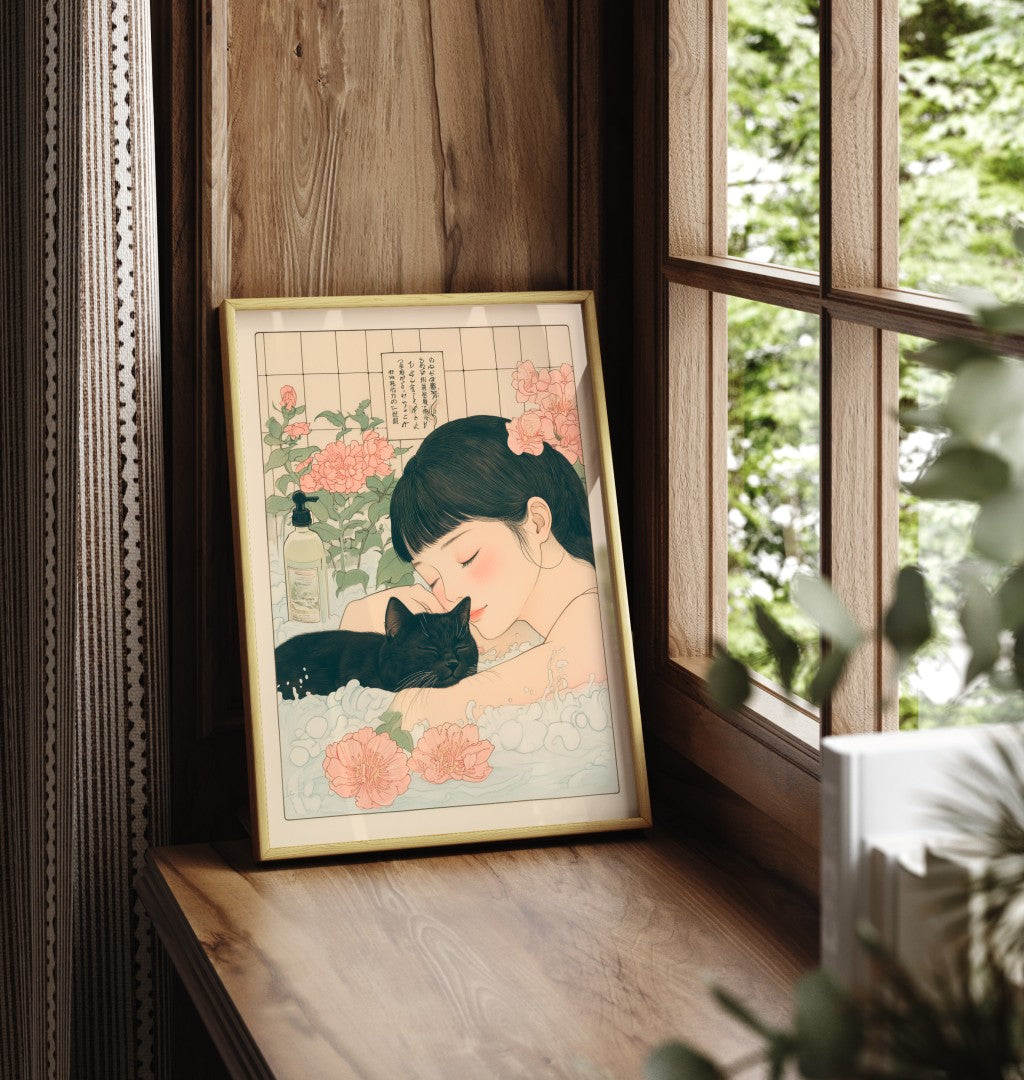 Framed print of girl and cat relaxing in bath