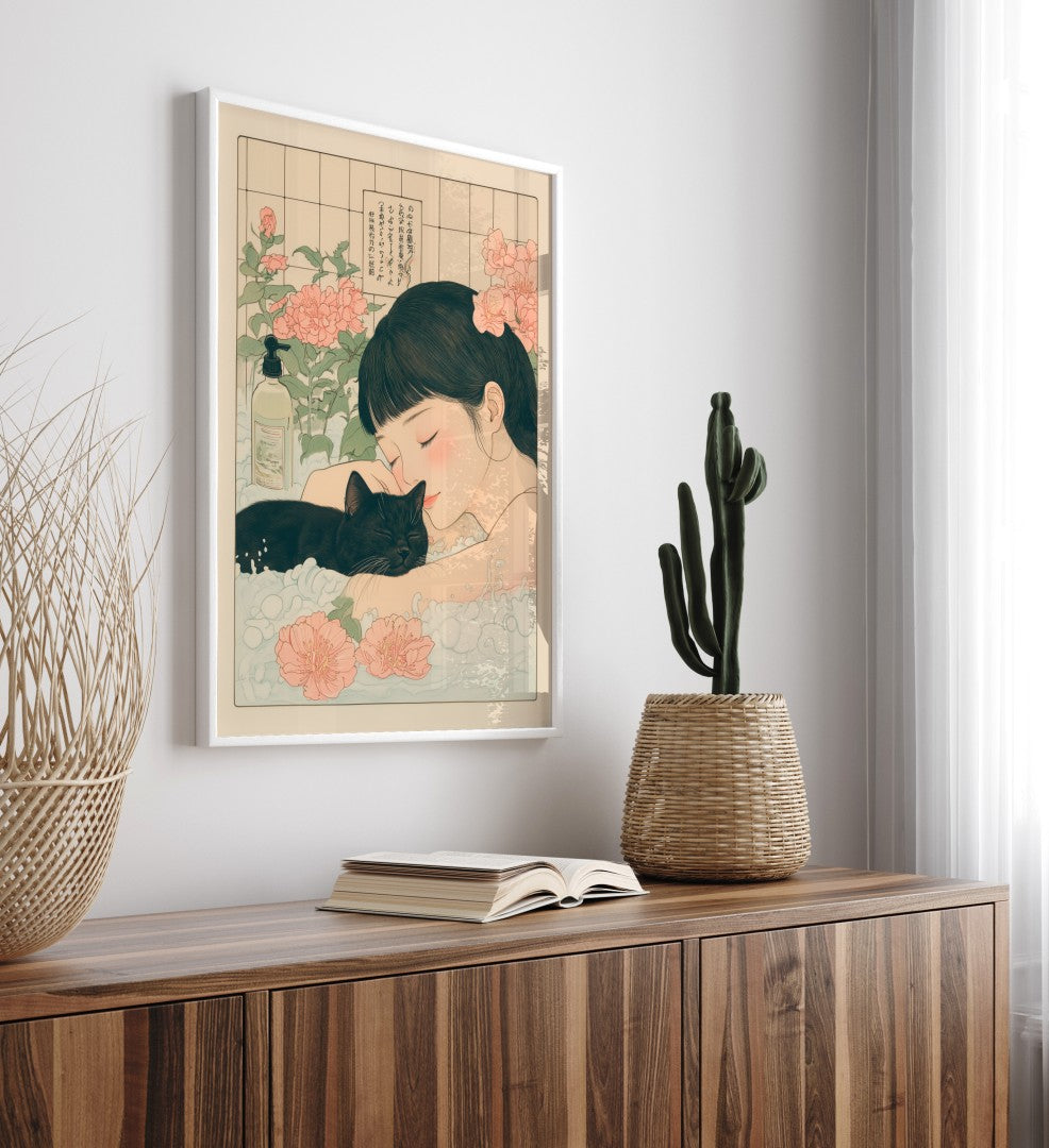 Framed bath scene with girl, cat, and peony flowers