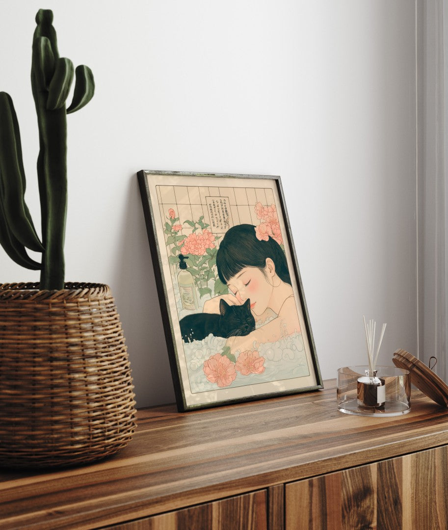 Japanese-inspired art of cat and human bonding in bath