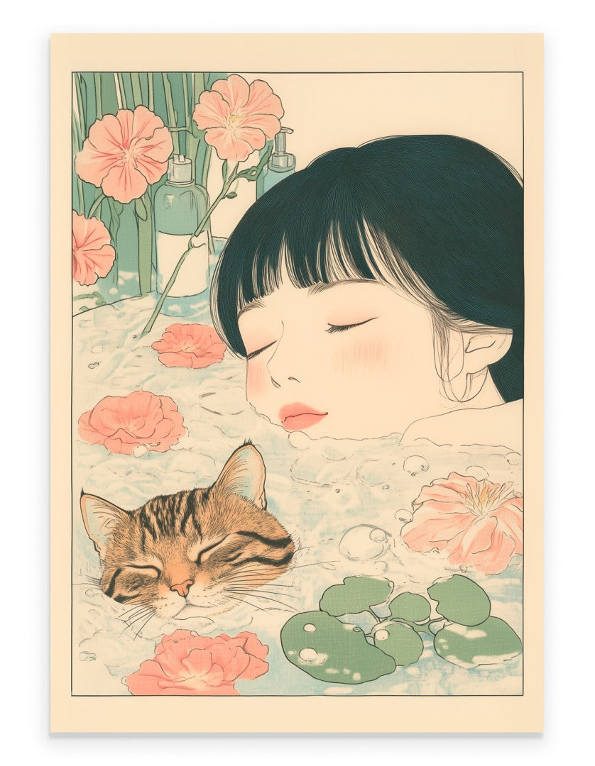 Art print of girl and cat floating peacefully in a floral bath