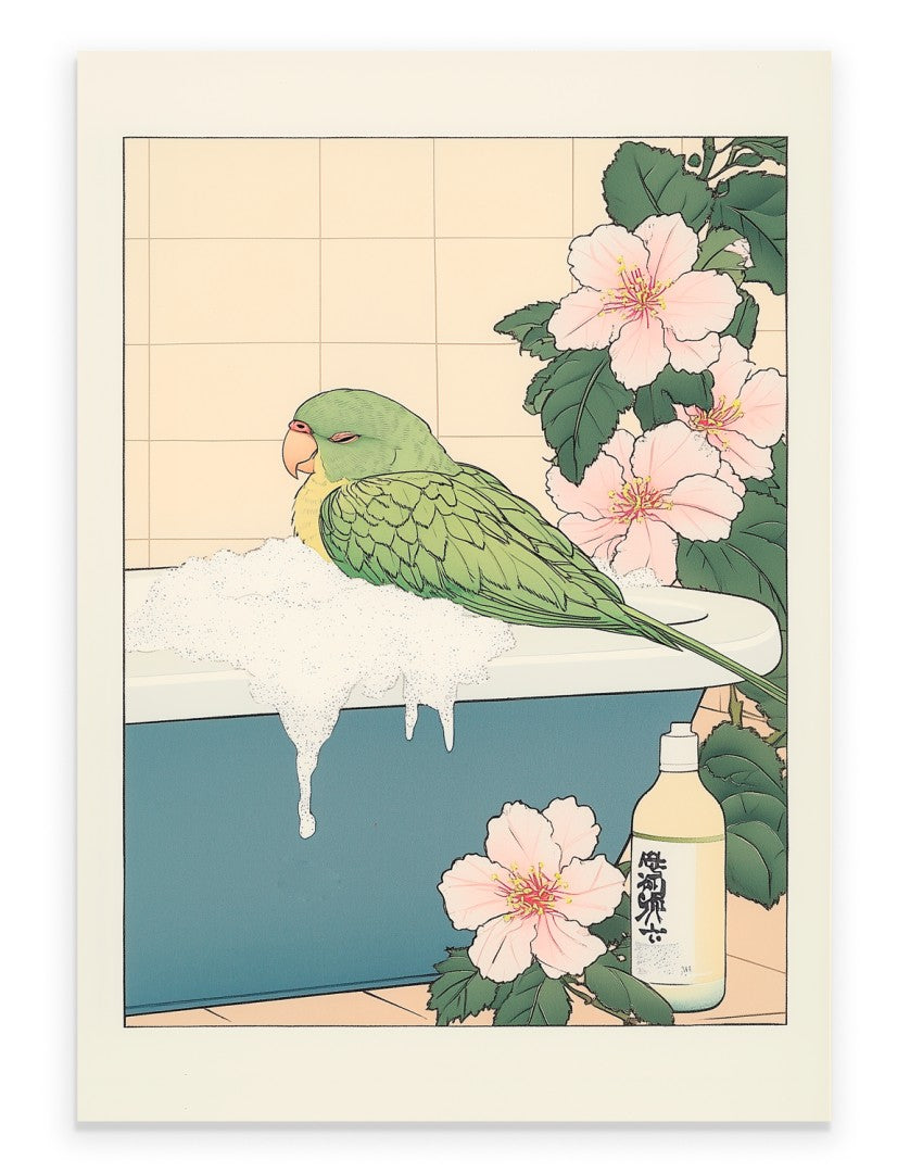 Art print of a green parrot resting on a foamy bath with pink hibiscus flowers