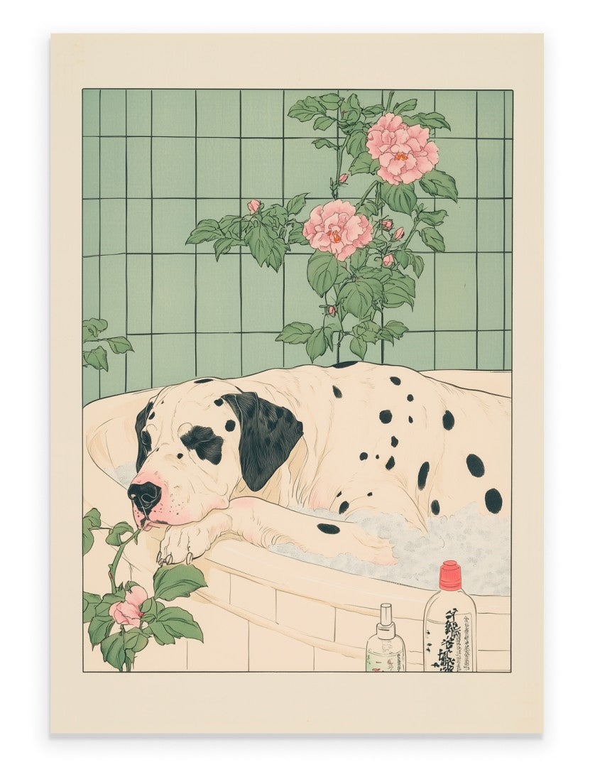 Art print of a Great Dane resting in a bubble bath with soft pink flowers