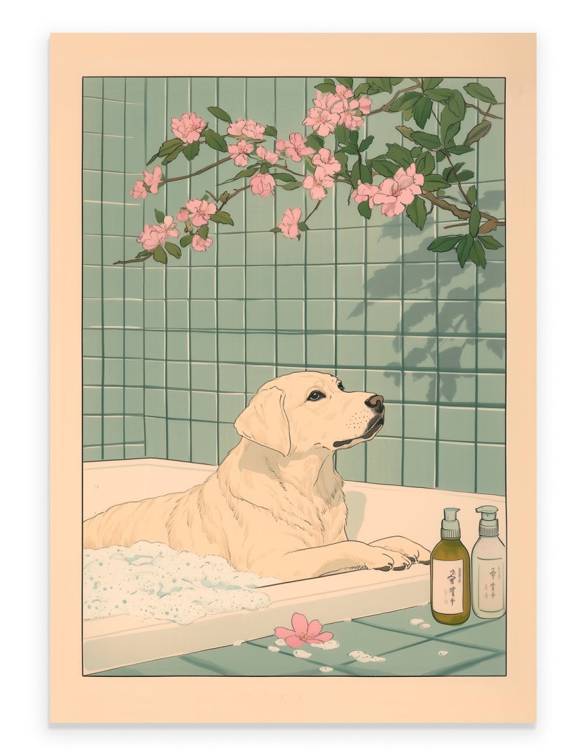 labrador sitting in a Japanese bath surrounded by tiles and blossoms