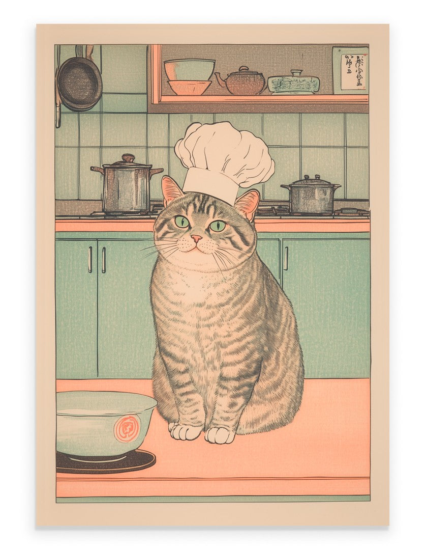 Grey tabby cat in chef’s hat sitting on a kitchen counter
