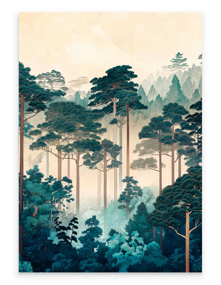 Pine forest art print with misty trees and layered greenery in modern style