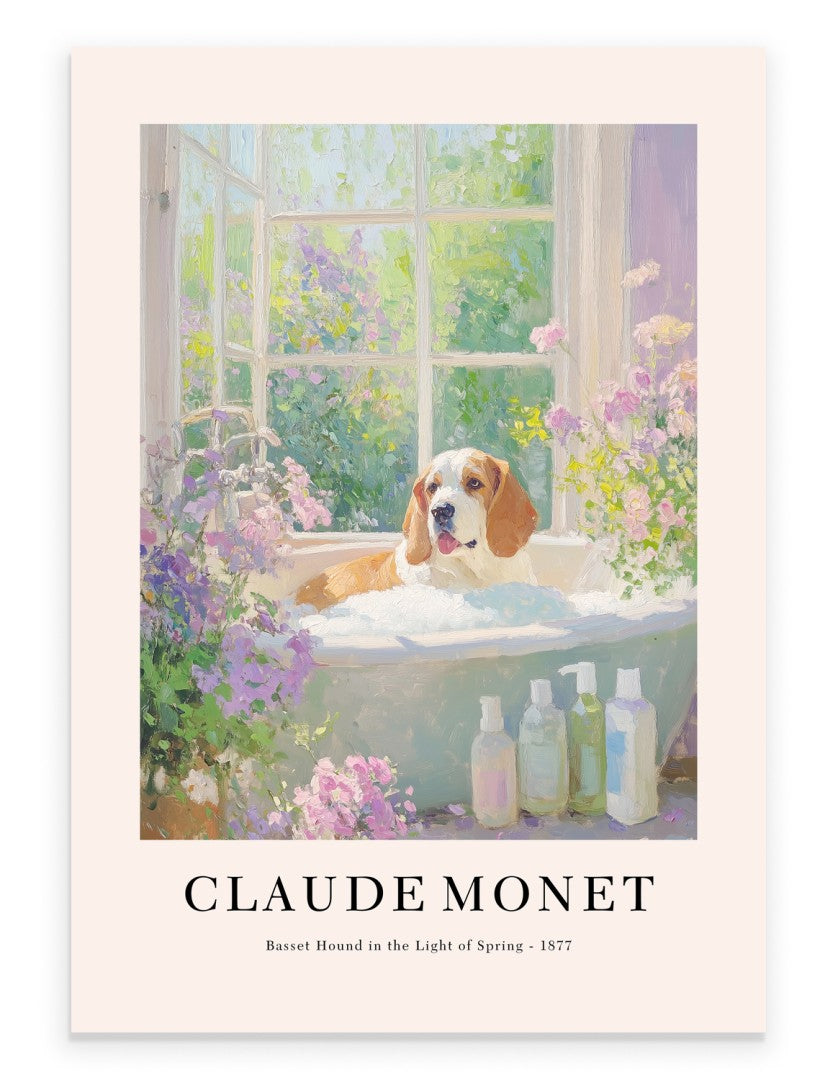Basset Hound bathroom art print in Monet inspired impressionist style