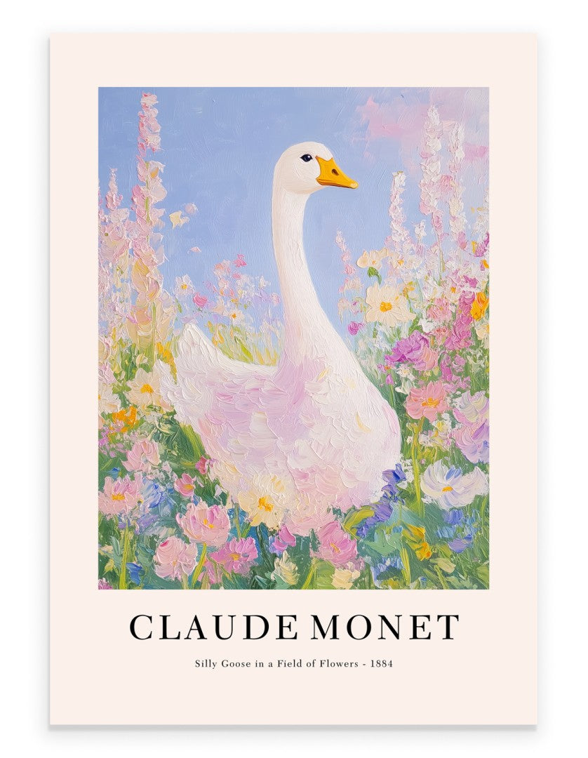 Monet inspired goose art print in impressionist flower field scene