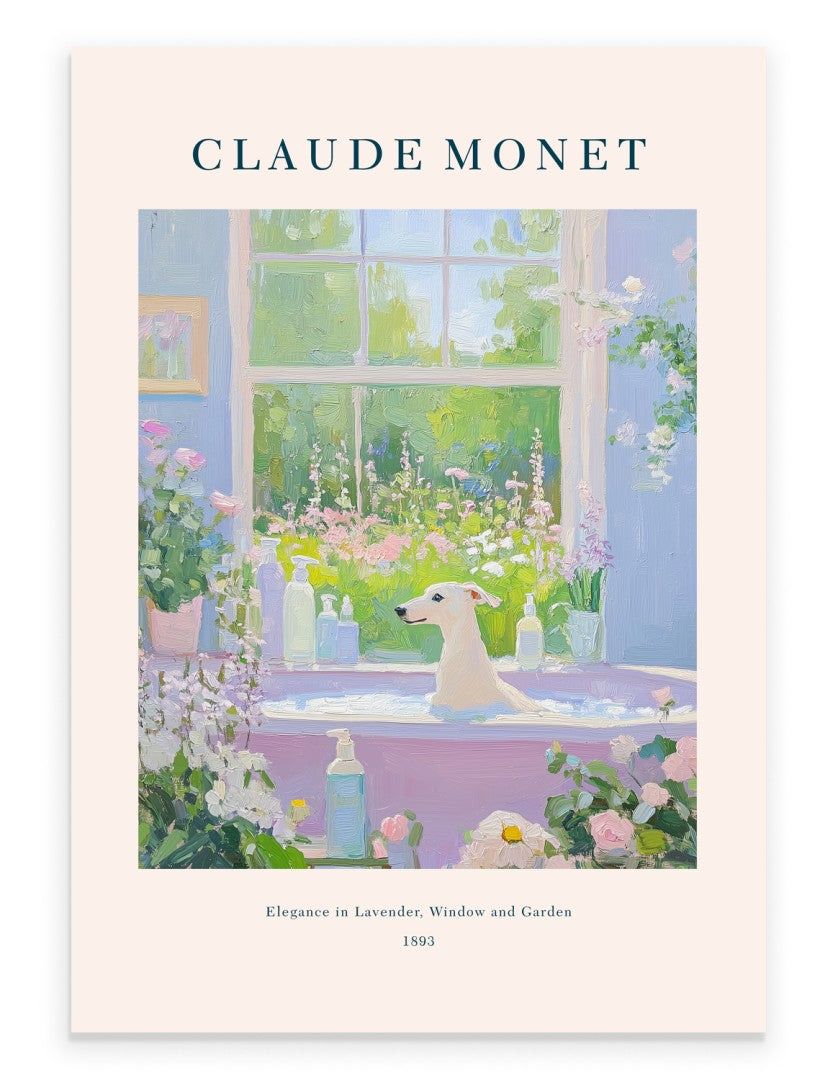 Claude Monet inspired Borzoi bathroom art print with pastel flowers