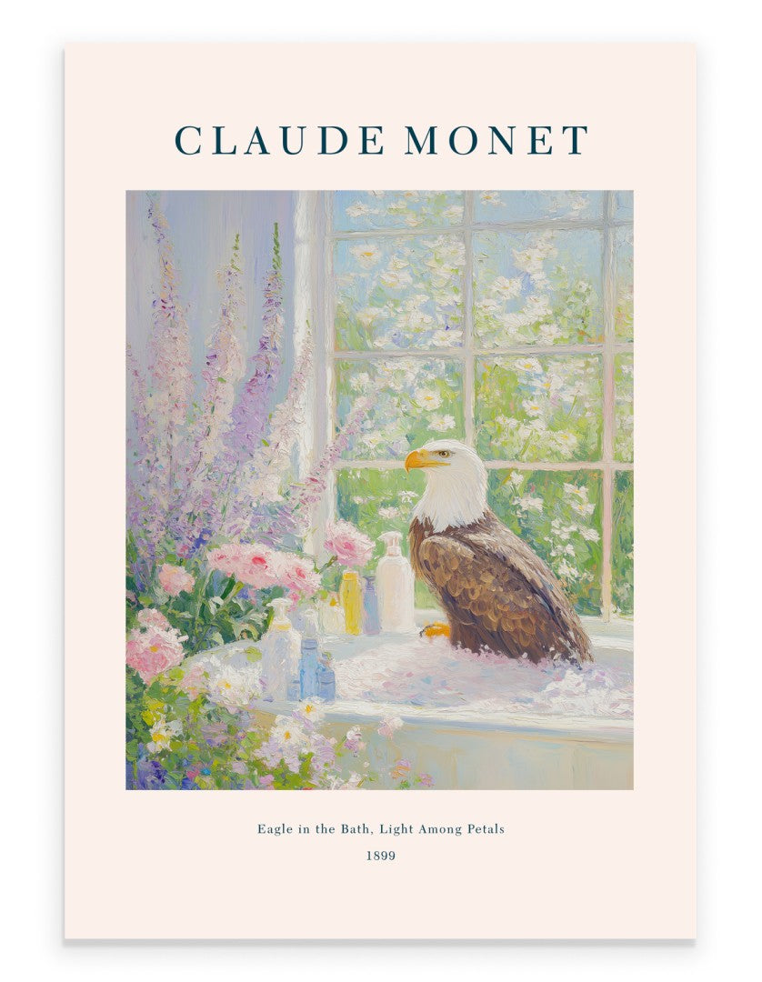 Claude Monet inspired Bald Eagle bathroom art print bathtub