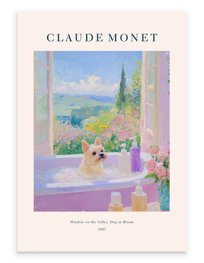 Brussels Griffon dog in floral bathtub, impressionist bathroom art print