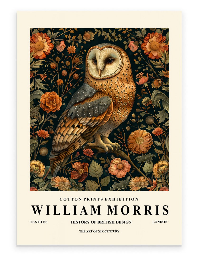 Barn owl art print with botanical background inspired by William Morris