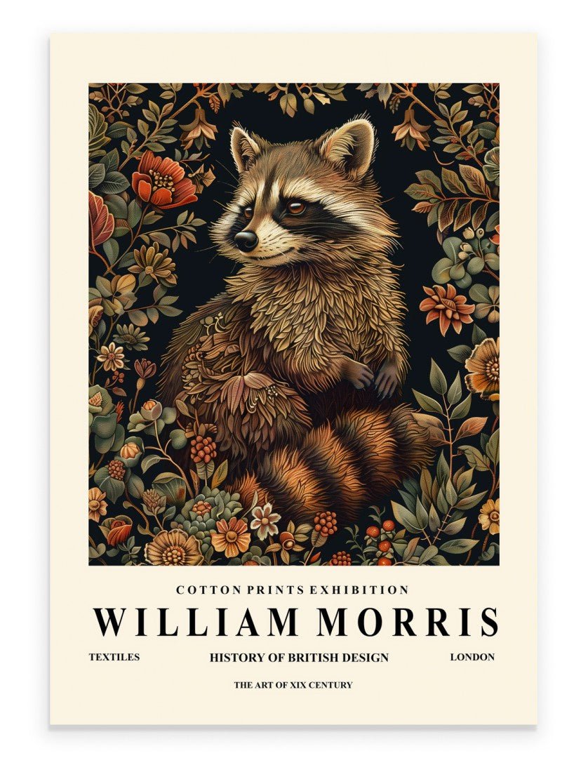 Raccoon art print with decorative botanical background in William Morris inspired style