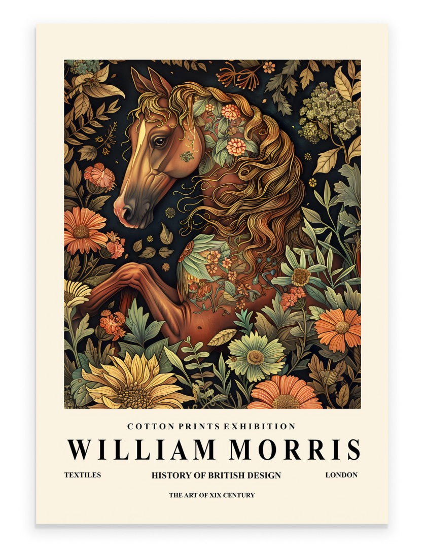 Horse art print with ornate botanical background in William Morris inspired style