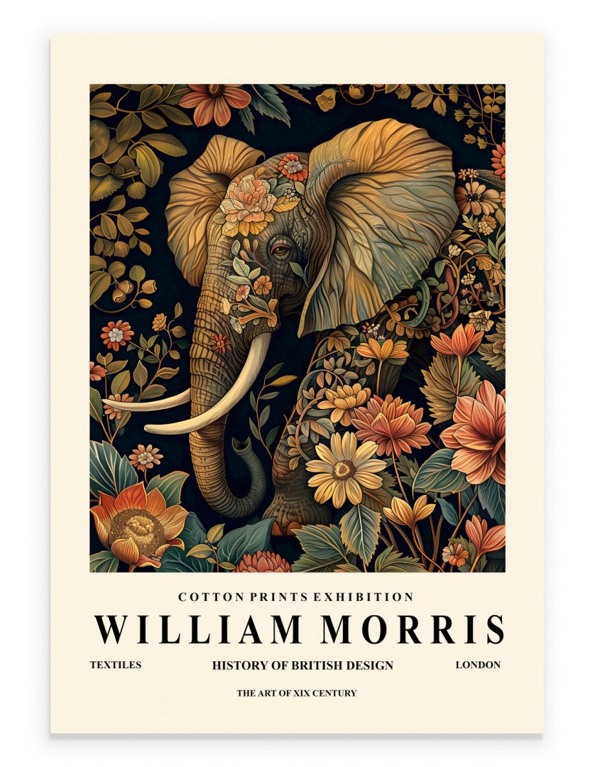 Elephant art print with ornate botanical background in William Morris inspired style