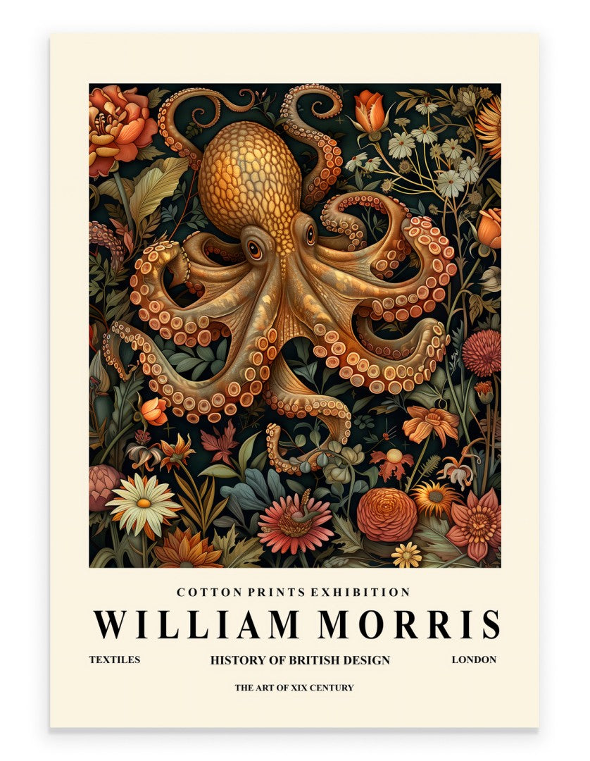 Octopus art print with ornate botanical background in William Morris inspired style