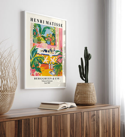 Matisse-inspired cow art print with vibrant colors and greenery