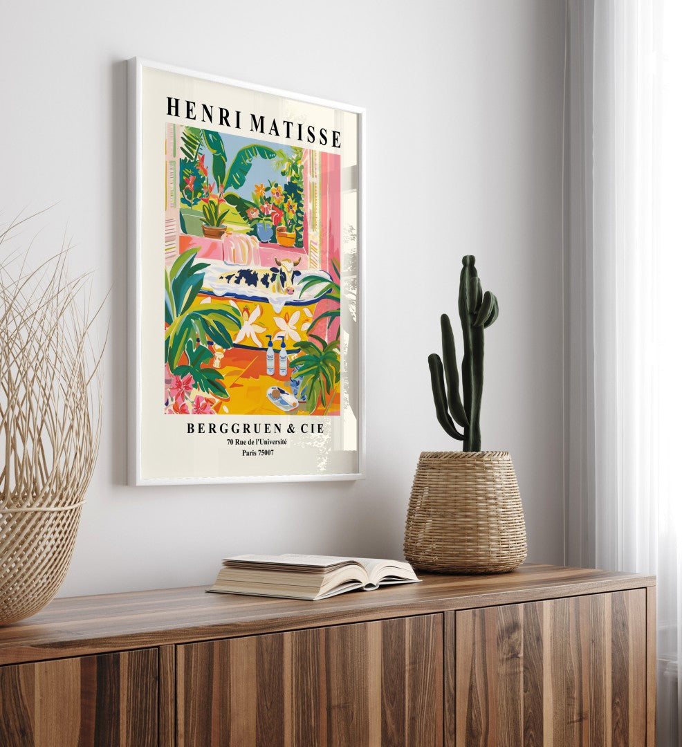 Matisse-inspired cow art print with vibrant colors and greenery