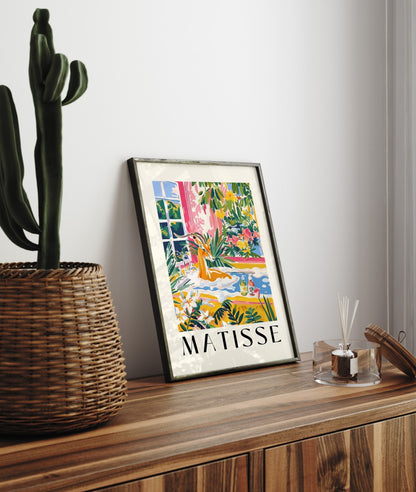 Playful gazelle artwork with bold colors and tropical foliage – Matisse influence