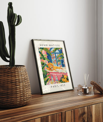 Framed tropical lion artwork in bath - Matisse style home decor print