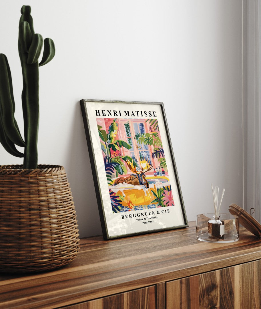 Framed moose soaking in tub - bold Matisse inspired tropical artwork