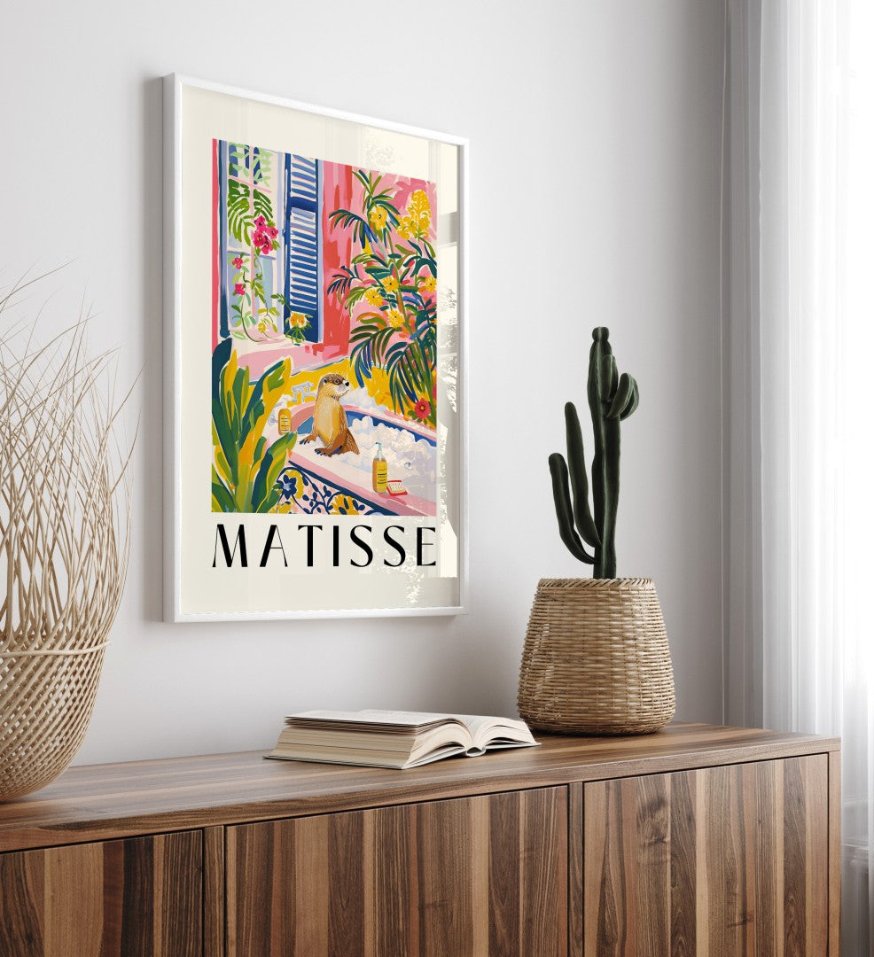 Framed otter in tropical bath - bold Henri Matisse style animal art print