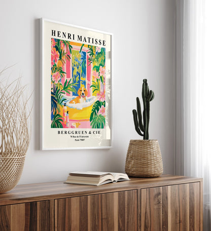 Beagle framed wall art with tropical leaves and flowers.