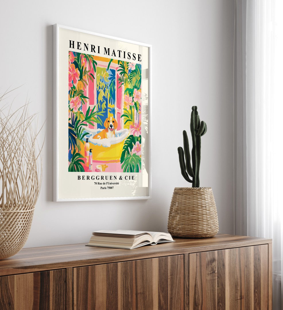 Beagle framed wall art with tropical leaves and flowers.