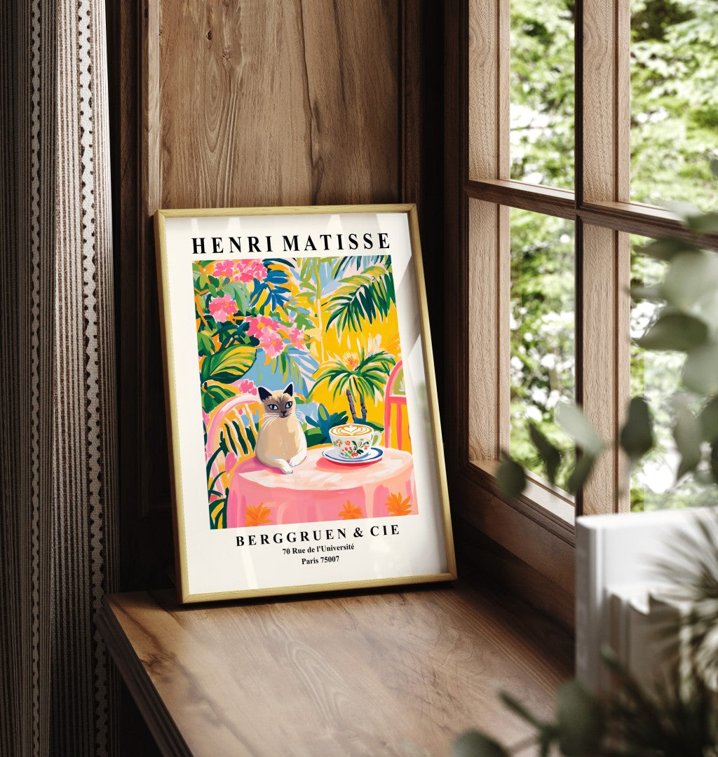 Framed Siamese cat art print with coffee cup and tropical plants in Matisse style