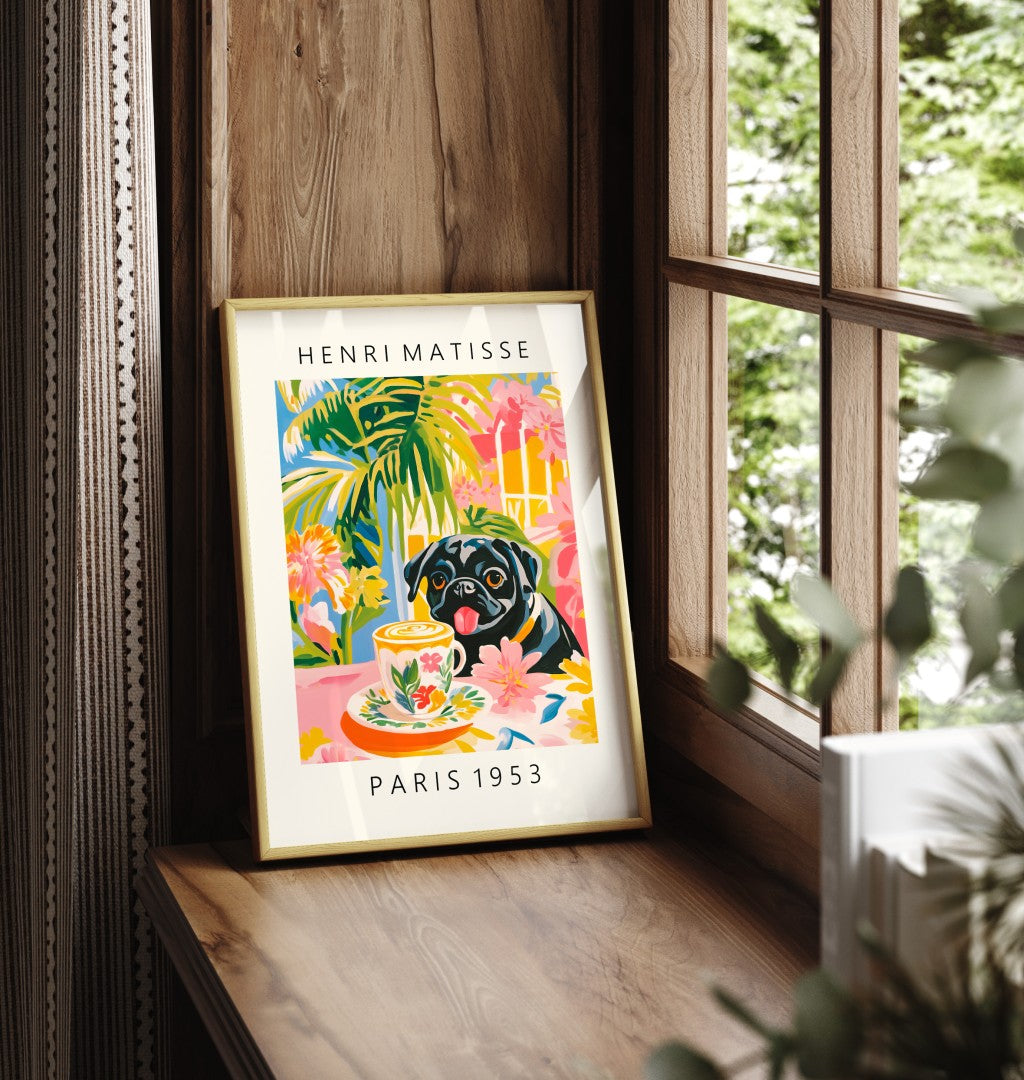 Framed Pug art print with coffee cup and lush tropical foliage