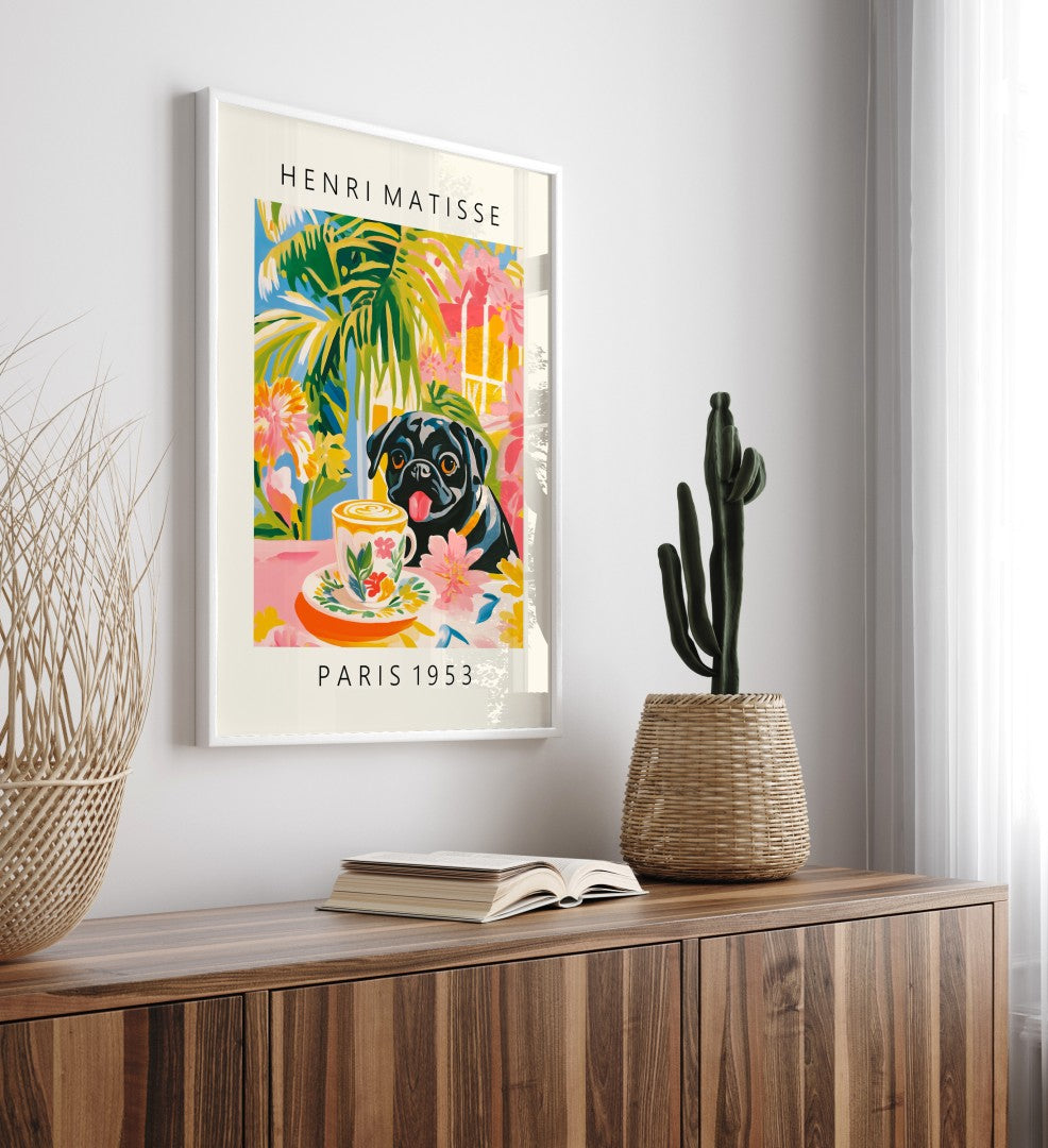 Matisse inspired framed art print of Pug with coffee in café scene