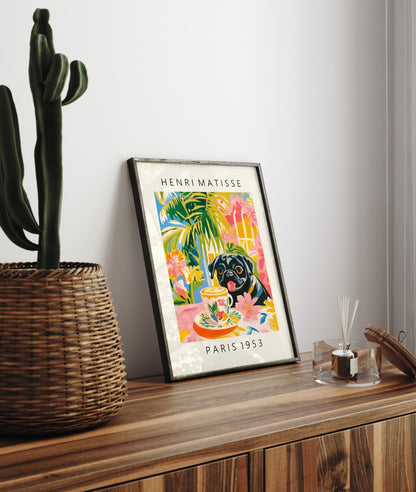 Playful Pug at café table with coffee in colorful framed art print