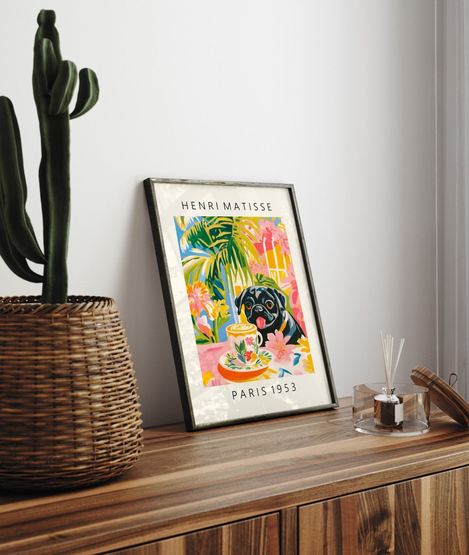 Playful Pug at café table with coffee in colorful framed art print