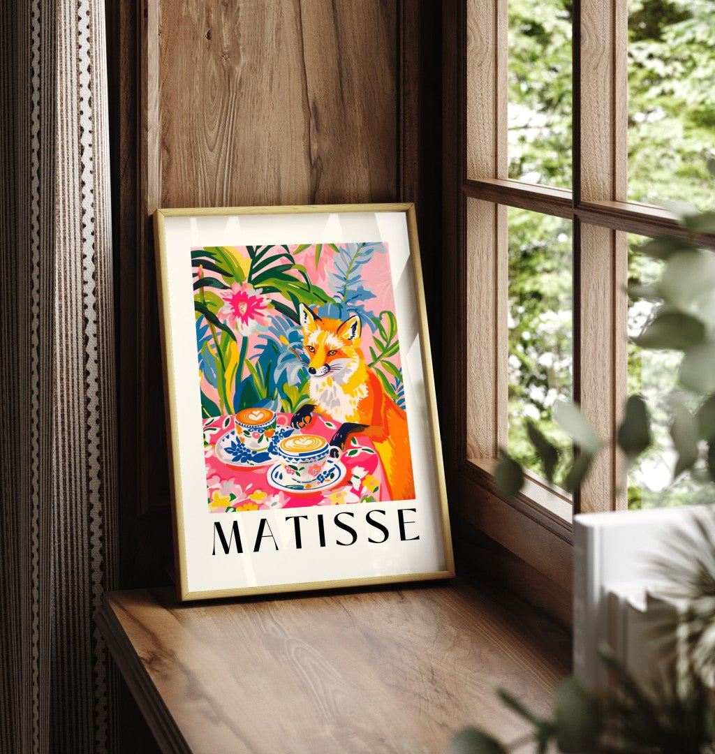 Framed fox cafe art print in Matisse style colorful modern wall art