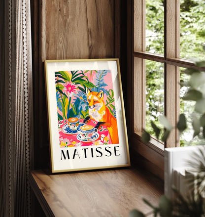 Framed fox cafe art print in Matisse style colorful modern wall art