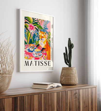 Framed Matisse inspired fox with coffee cups vibrant art print