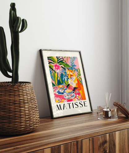 Framed fox cafe art print with tropical plants in Matisse modern style