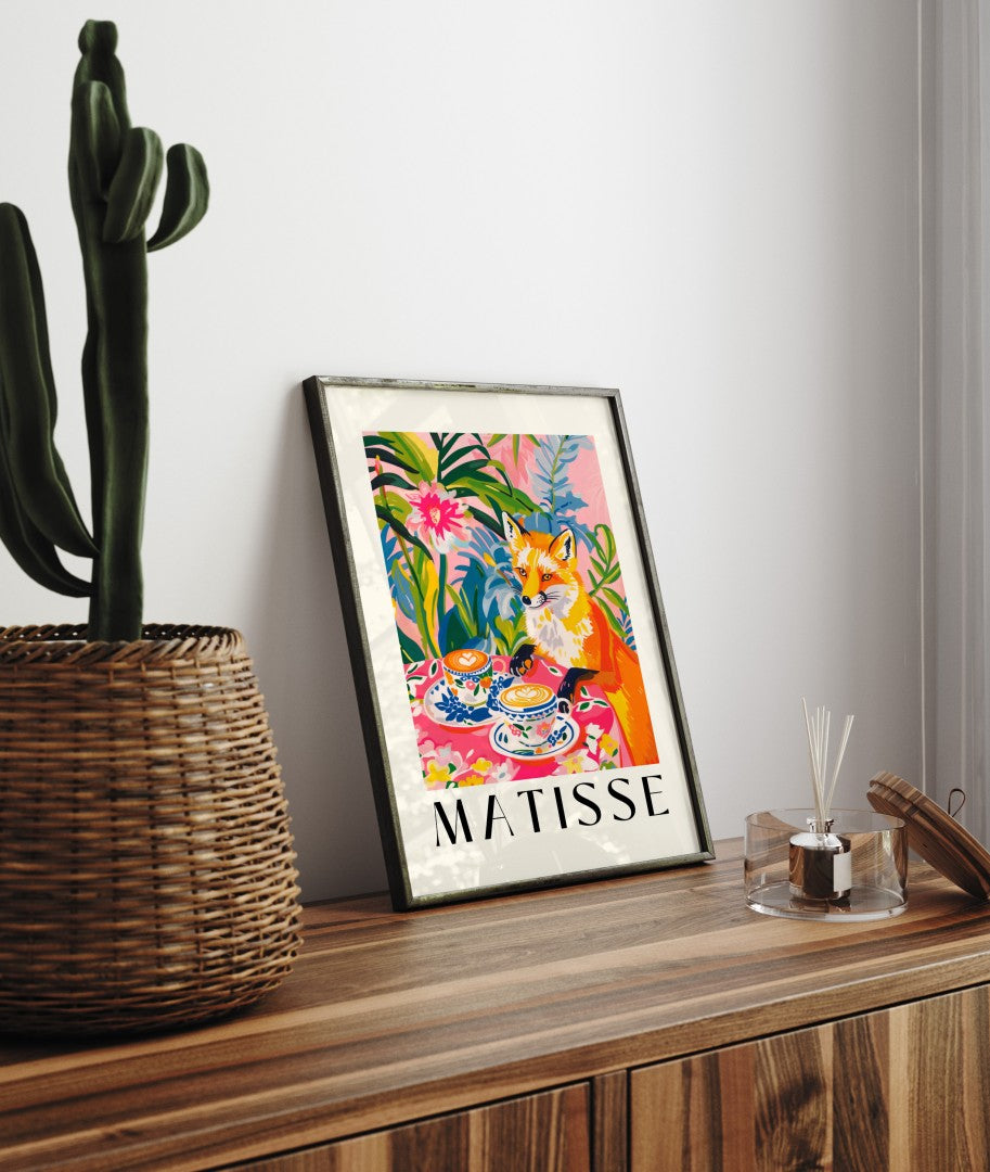 Framed fox cafe art print with tropical plants in Matisse modern style
