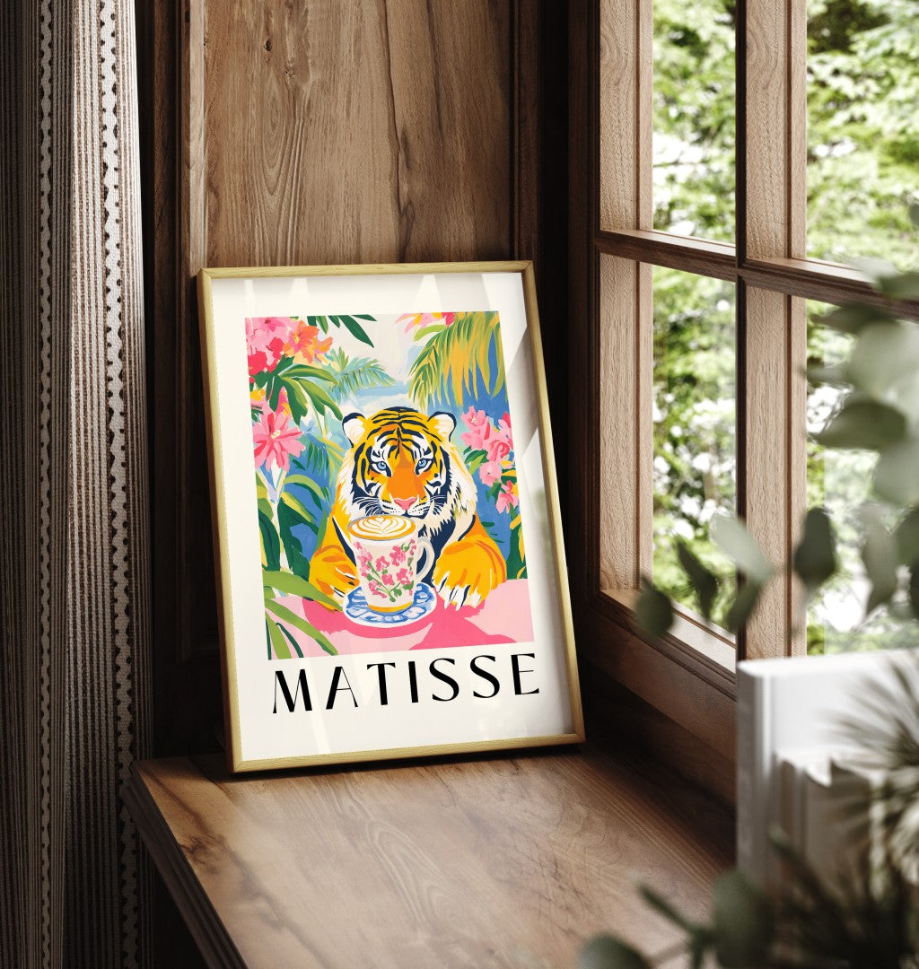 Framed tiger coffee tropical foliage art print in Matisse style
