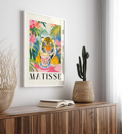 Framed bold tiger with floral coffee cup surrounded by vibrant plants art print