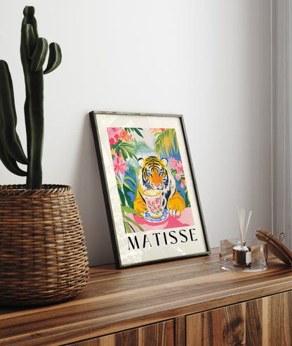 Framed Matisse inspired tiger coffee scene with tropical flowers colorful art print
