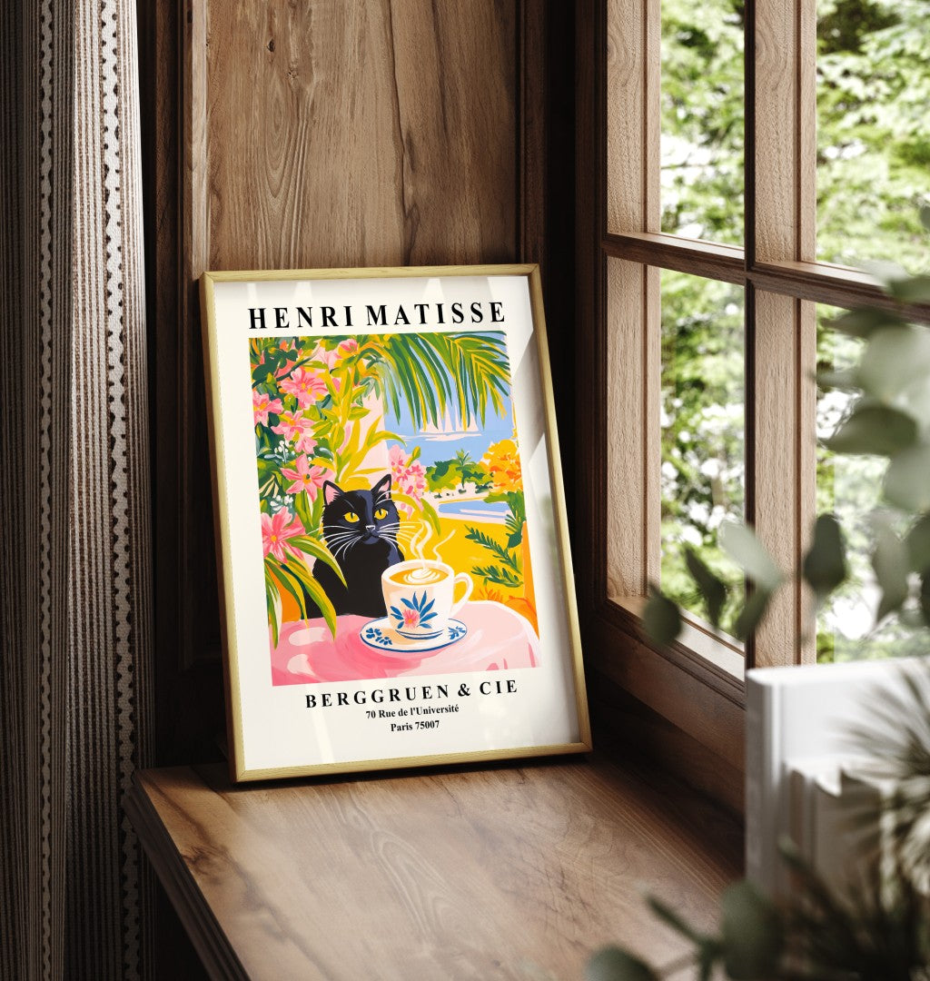 Framed black cat coffee tropical foliage art print in Matisse style